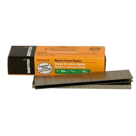 Bostitch Finish Staples, 18 ga, Narrow Crown, 1 in Leg L, Stainless Steel, 1000 PK SX50351SS-1M